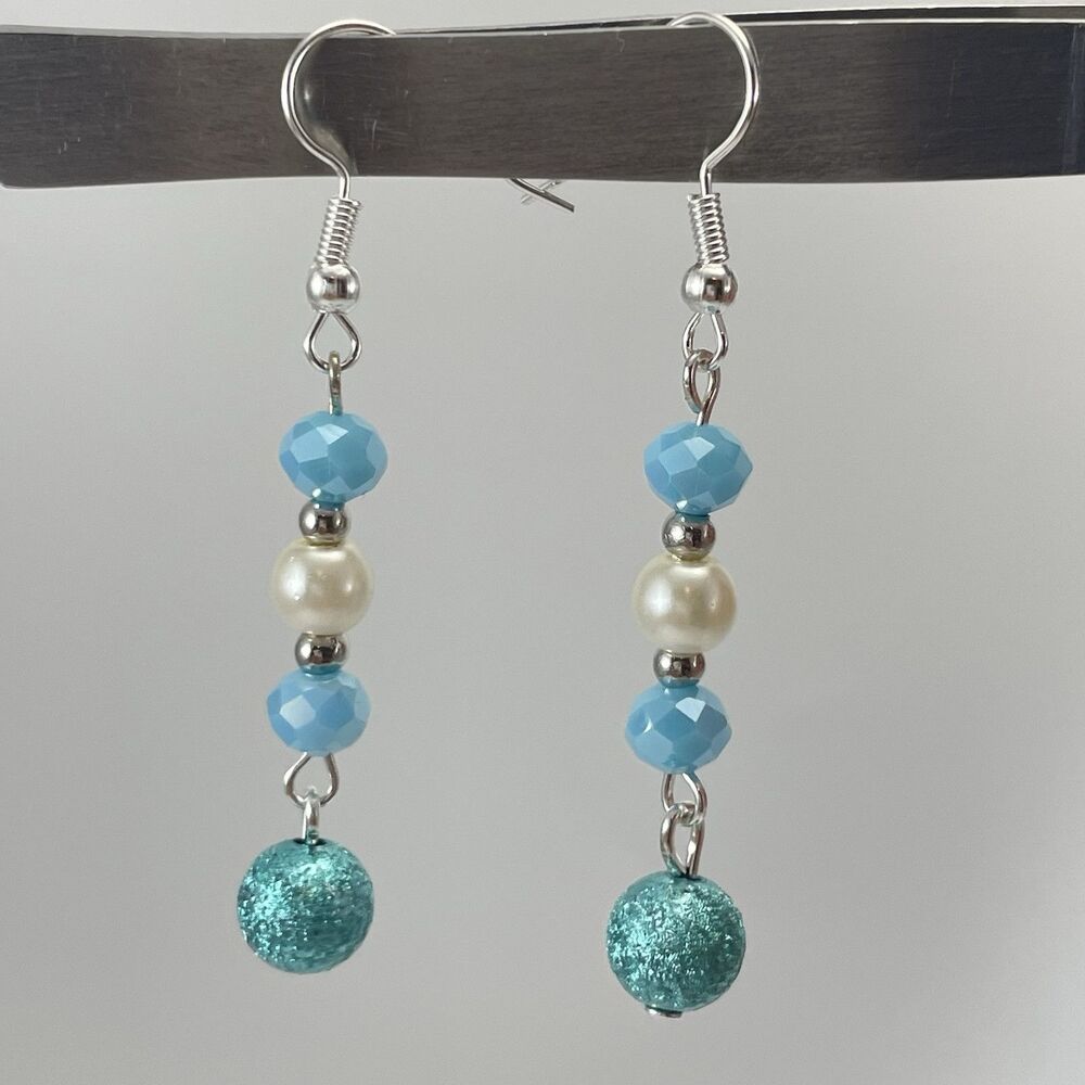 Artisan Hand Crafted Blue Glass White Glass Pearl Beaded Boho Earrings Dangle